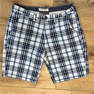 Flag & Anthem Shorts Flat Front Chino Style Navy/White/Black Plaid Size 34